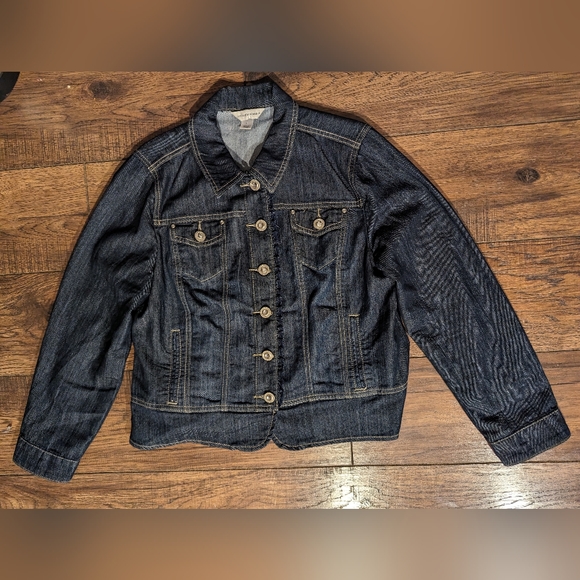 Christopher & Banks Jackets & Blazers - Christopher & Banks Womens Dark Blue Denim Jacket Rhinestone Buttons w/ Ruffle L